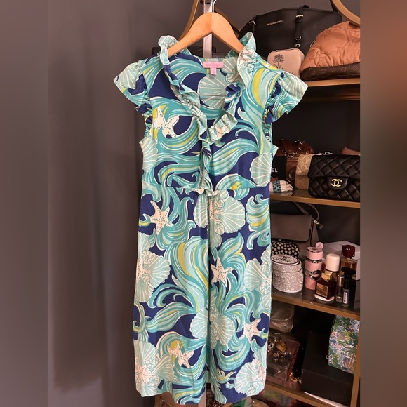 Lilly Pulitzer Clare Dress Silk Jersey - Do the Wave in True Blue XS MSRP $258 - Picture 2 of 5